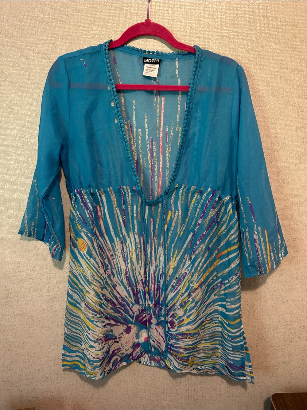 Ingear Teal Sheer V-Neck Tunic with Multicolor Burst Design